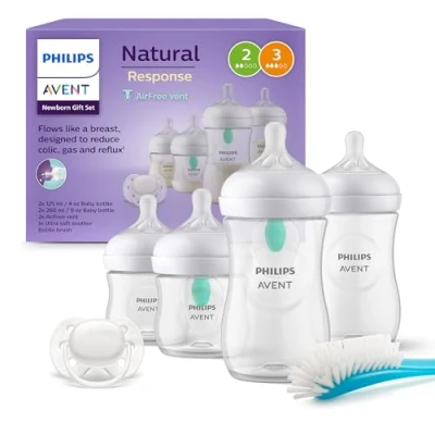 Abbildung von Philips Avent Babyflaschen mit AirFree Ventil, Geschenkset für Neugeborene 4 Babyflaschen, ultra soft Schnuller und Flaschenbürste, Babys von 012 Monaten älter (Modell SCD657/11)