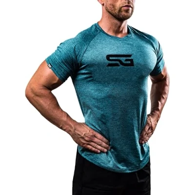Abbildung von Satire Gym® Fitness Slim Fit T Shirt Herren/Funktionelles &amp; schnell trocknendes Sportshirt Herren Kurzarm als Bodybuilding Workout Gym (M, Petrol meliert)