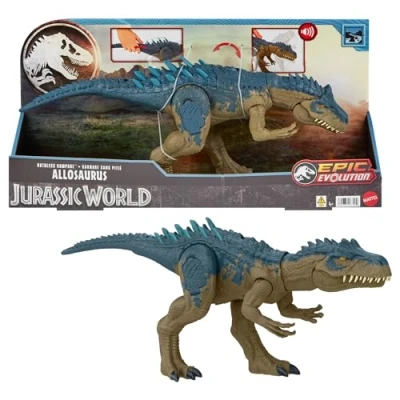 Abbildung von Mattel Jurassic World Ruthless Rampage Allosaurus Dinosaurier Spielzeug, Actionfigur mit kontinuierlichen Beißangriffen, Brüllgeräuschen und per Knopf aktivierten, hochentwickelten Kampfstacheln HRX51
