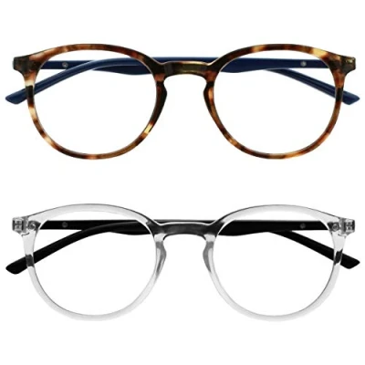 Abbildung von OPULIZE Met Brille Blaulichtfilter 2er Pack Schlank Runder Rahmen Federscharniere Verbessert Schlaf Computerbrille Gaming Entspiegelt Braun Transparent Herren Damen BB60 2C +0.00
