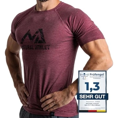 Abbildung von Herren Fitness T Shirt meliert Männer Kurzarm für Gym &amp; Training Passform Slim Fit, lang mit Rundhals, Bordeaux, XXL