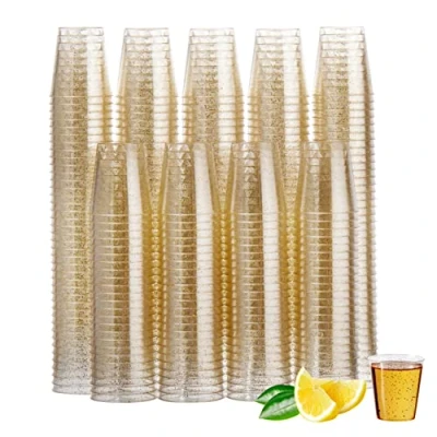Abbildung von MATANA 300 Schnapsgläser Plastik, Shotgläser Goldglitter 3cl Stabil &amp; Mehrweg Schnapsbecher Shot Becher, Plastik Schnapsgläser, Pinnchen, Shotbecher Party Zubehör