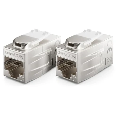 Abbildung von deleyCON 2 Stück CAT 7 Kupplung Keystone Metall 2X RJ45 Buchse Verbinder für Patchkabel 600 MHz 10 Gbps LAN DSL Ethernet und Nutzbar als Silber