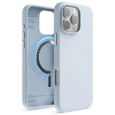 Abbildung von elago Magnetisch Silikon Hülle Kompatibel mit iPhone 16 Pro Max 6,9 Zoll, Allen MagSafe Zubehör Eingebaute Magnete, Soft Grip Silikon, Stoßfest (Hellblau)