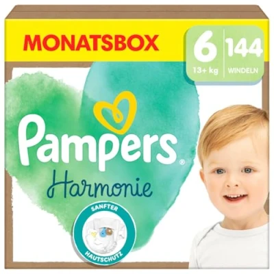 Abbildung von Pampers Baby Windeln Größe 6 (13+kg) Harmonie, MONATSBOX, Sanfter Hautschutz Und Pflanzenbasierte Inhaltsstoffe, 144 Stück