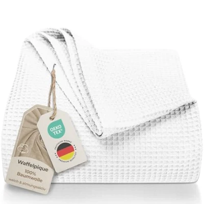 Abbildung von LAYNENBURG Premium Tagesdecke 150 x 200 cm Waffelpique 100% Baumwolle leichte Sommerdecke Waffeloptik Baumwolldecke als Bett Überwurf, Sofa Couch Überwurf Decke (weiß)