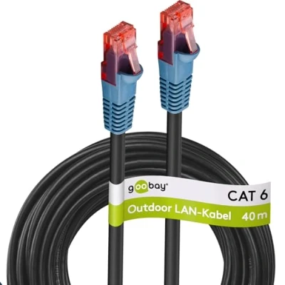 Abbildung von goobay 94394 Outdoor Patchkabel CAT 6 Kabel / 2fach PE Mantel Wasserdicht RJ45 Stecker Ethernet Außenbereich Netzwerkkabel 40m Schwarz LAN