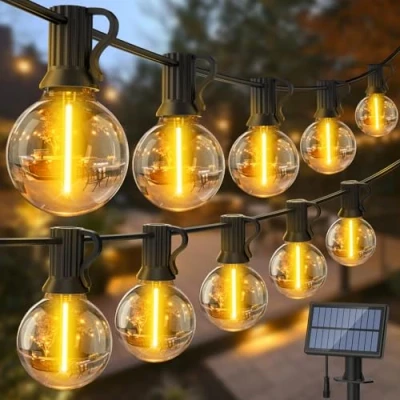 Abbildung von Solar Lichterkette LED für Aussen: 15M 50FT G40 Outdoor Solarlichterkette 3 Modi mit Wetterfest Glühbirne IP65 Wasserdich Aussen Lichterketten Balkon Garten Pavillon Terrasse Vorzelt