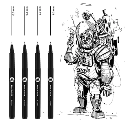 Abbildung von Molotow Blackliner Set 2 (Strichstärke 0,3 mm bis 1,0 mm, Fineliner mit permanenter, dokumentenechter Tinte) 4 Stück schwarz