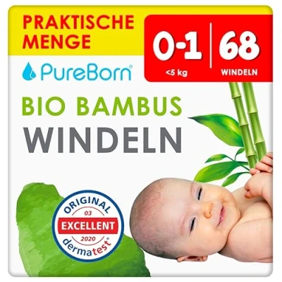 Abbildung von PureBorn Eco Bio Bambus Windeln, Größe für Neugeborene bis 5 kg, 34 Stück, Umweltfreundlich, Ultraweich, Hypoallergen, mit Nässeindikator, Diverser Aufdruck