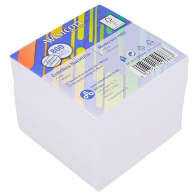 Abbildung von Westcott Notizzettel weiß 800 Blatt Nachfüllpack Notizblock mit 9 x cm großen Blättern in Nachfüllset für Spenderbox FSC zertifiziertes Papier 80g/m² E 733199 00