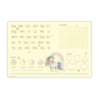 Abbildung von Schreibtischunterlage für Kinder Lernunterlage zur Einschulung in Einhorn Optik ABC, 1x1, Uhrzeiten 60 x 40 cm aus abwischbarem Vinyl Made Germany (Einhorn Optik)