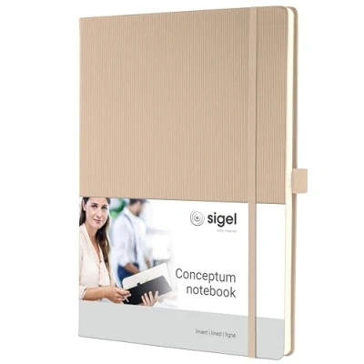 Abbildung von SIGEL CO641 Premium Notizbuch liniert, A4, Hardcover, beige, aus nachhaltigem Papier Conceptum mit Seitenzahlen, Inhaltsverzeichnis, Stiftschlaufe, Falttasche