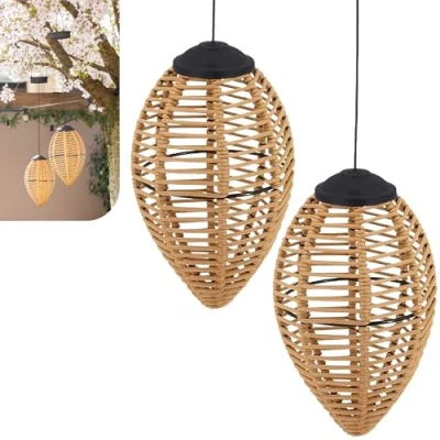 Abbildung von Gadgy Rattan Solarleuchten für Außen 2er Set LED Hängelaternen aus Dekorative Gartenbeleuchtung Terrasse &amp; Balkon Wetterfeste Solar Außenleuchten den Garten