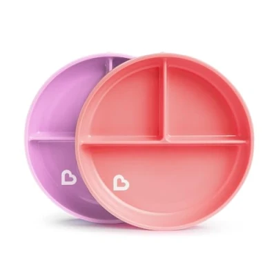 Abbildung von Munchkin Kinderteller mit Unterteilungen, Esslernteller für Babys und Kleinkinder ab 6 Monaten, BPA freier geteilter Teller, ideal zur Beikosteinführung rosa/lila, 2er Set