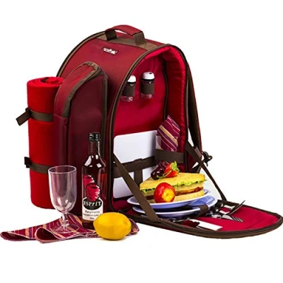 Abbildung von Apollowalker, roter Picknickrucksack für 2 Personen, Korb mit Kühltasche, inkl. Geschirr und Fleece Decke