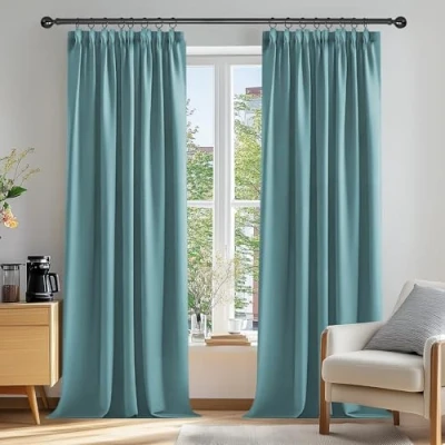 Abbildung von Deconovo Vorhang Verdunkelung Kräuselband Gardinen Wohnzimmer Thermogardine Kälteschutz Kräuselband, 229x229cm(HöhexBreite), Himmelblau, 2er Set