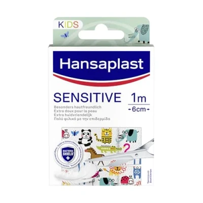 Abbildung von Hansaplast Kinderpflaster Sensitive (1m x 6cm), Wundpflaster mit niedlichen Tiermotiven zum Aufmuntern, schmerzlos zu entfernendes Pflaster