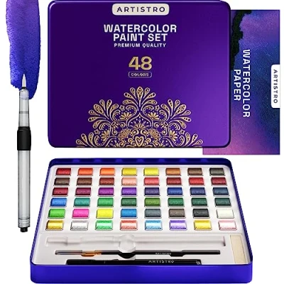 Abbildung von Artistro Aquarellfarben Set, 48 Lebendige Farben, Inklusive Metallic und Fluoreszenzfarben, Perfektes Reise Wasserfarben Set für Künstler, Hobbymaler Malerei Liebhaber (Premium Home)