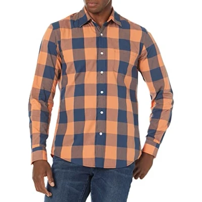 Abbildung von Amazon Essentials Herren Langärmeliges Hemd aus Popeline, Schmale Passform, Blau Orange Büffel, XL