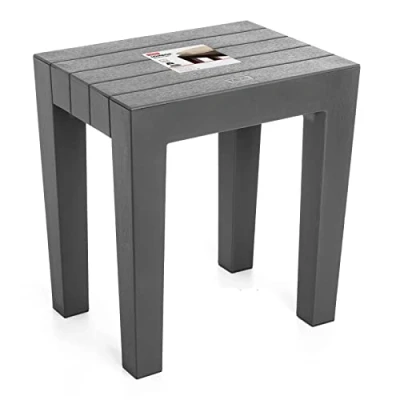 Abbildung von TATAY 4436516 Hocker Sitzbank Lombok, Polypropylen, BPA frei, Holz Effekt, Anti UVA Schutz, Max 130KG, geeignet für Innen und Außen 38x29x41cm. Grau