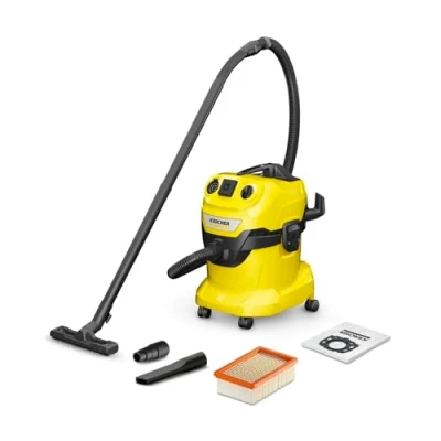 Abbildung von Kärcher WD 4 P V 20/5/22 Nass &amp; Trockensauger, Kunststoffbehälter, Gelb 5 m Kabel, 2,2 Saugschlauch, mit Gerätesteckdose, Clips Bodendüse, „Pull Push“ Verschlusssystem,