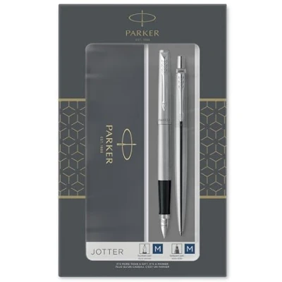 Abbildung von Parker Jotter Duo Geschenkset mit Kugelschreiber und Füller Edelstahl Chromzierteilen Nachfüllmine patronen blauer Tinte Geschenkbox