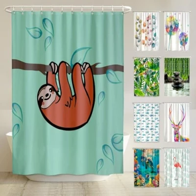 Abbildung von arteneur® Faultier Anti Schimmel Duschvorhang 180x200 Recycelt mit Öko Tex Standard 100 Beschwerter Saum aus Gummi, Blickdicht, Wasserdicht, Waschbar, 12 Ringe &amp; E Book