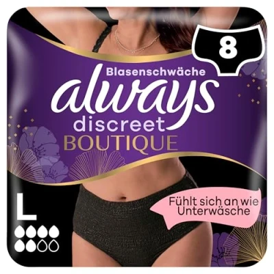 Abbildung von Always Discreet Boutique Inkontinenz Pants Gr. L (8 Höschen), Bei Blasenschwäche, Absorbieren Gerüche Und Feuchtigkeit, Verhindern Auslaufen, Schwarz