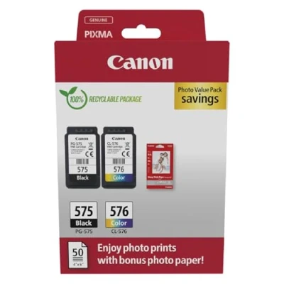 Abbildung von Canon Originaltinte PG 575 / CL 576 (2 Tintenpatronen; Schwarz+Farbe) Photo Value Pack (inkl. Fotopapier GP 501 50 Blatt 10x15cm)