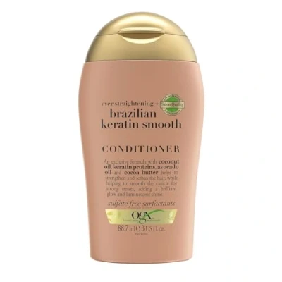 Abbildung von OGX Brazilian Keratin Smooth Conditioner (88 ml), glättende Haarspülung mit brasilianischem Kokosnussöl, Avocadoöl, Kakaobutter und Proteinen, sulfatfrei