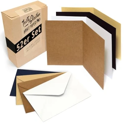 Abbildung von Japun 52er Set blanko Falt Karten inkl. Briefumschläge, Klapp zum gestalten, beschriften oder bedrucken DIN A6 / C6 kraftpapier mix