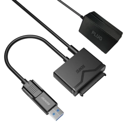 Abbildung von BENFEI USB 3.0 auf SATA Adapter, 2 in 1 C / III Festplattenadapter für 2,5 Zoll 3,5 HDD/SSD Festplatte und optisches Laufwerk mit 12V/2A Netzadapter, unterstützt UASP