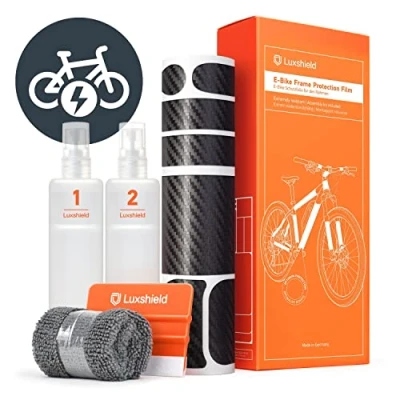 Abbildung von Luxshield E Bike Lackschutzfolie für eBike, Pedelec, Elektro Fahrrad, Bike, MTB etc. 21 teiliges Rahmen Set gegen Steinschlag Carbon Optik &amp; selbstklebend
