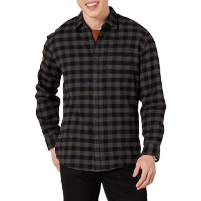 Abbildung von Amazon Essentials Herren Langarmhemd aus Flanell (in Übergröße erhältlich), Dunkelgrau Buffalokaros, L