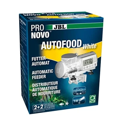 Abbildung von JBL PRONOVO AUTOFOOD, Futterautomat für Aquarium, Fütterung mit Fischfutter Granulat bis zu 4x täglich, Inkl. Halterung und Adapterring zur Erweiterung des Volumens auf 375 ml, Weiß