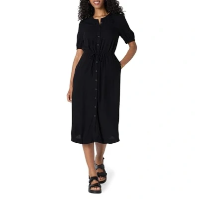Abbildung von Amazon Essentials Damen Tailliertes A Linien Midikleid mit halblangen Ärmeln in lockerer Passform, Schwarz, XL