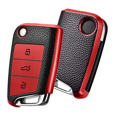 Abbildung von OATSBASF Autoschlüssel Hülle VW, VW Golf 7 Schlüsselhülle, Schlüsselbox Cover für Polo, Skoda, Tiguan, MK7 3 Tasten (P Rot)