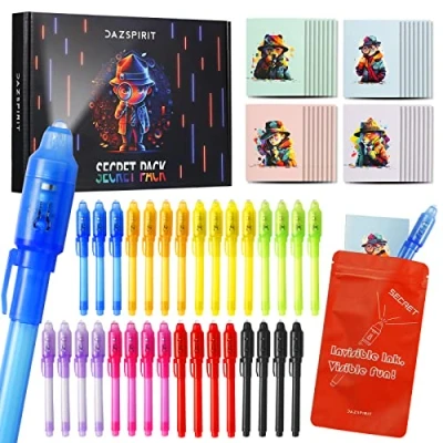 Abbildung von DazSpirit 32 Stück Geheimstift und Notizbuch Set Detektiv Thema Geschenktüten, Zauberstifte mit UV Licht Partytütenfüller für Jungen Mädchen, Unsichtbarer Stift Spy Pen zum Mitgebsel Kinder