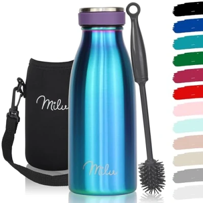 Abbildung von Milu Edelstahl Trinkflasche 350ml, 500ml, 750ml, 1L, 1,5L Thermosflasche für Kinder Erwachsene auslaufsicher Isolierflasche Kohlensäure geeignet inkl. Reinigungsbürste (Aurora, 350ml)