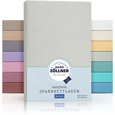 Abbildung von Julius Zöllner Jersey Spannbettlaken für Baby &amp; Kinderbett, 100% Baumwolle, OEKO TEX Standard 100 zertifiziert, Größe: 60x120cm / 70x140cm, 2er Pack, hellgrau