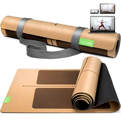 Abbildung von BACKLAXX ® Yogamatte Kork mit Naturkautschuk FAZ Testsieger 08/2024 Yoga Matte nachhaltig, schadstofffrei, rutschfest, Fitnessmatte Anti Rutsch Zonen inkl. Tragegurt, Turnmatte