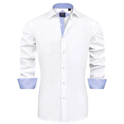 Abbildung von J.VER Herren Hemd Regular Fit Langarm Herrenhemden Freizeithemd Businesshemd Elastiscer Musterhemd,Weiß Blau,XL