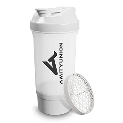 Abbildung von Eiweiß Shaker FYRA 700ml BPA frei mit Container &amp; Pulverfach, Protein Sieb und Skala für Whey BCCA Shakes, Fitness Trinkflasche Smoothie Isolate Diät Sport Konzentrate in Weiß