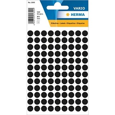 Abbildung von HERMA 1849 Punktaufkleber Klebepunkte schwarz, 540 Stück, Ø 8 mm, 108 pro Bogen, selbstklebend, Markierungspunkte für Kalender Planer Basteln, matt, blanko Papier Farbpunkte Etiketten Aufkleber