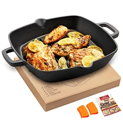 Abbildung von OVERMONT Grillpfanne Gusseisen mit Griff Gusseisenpfanne quadratisch 26CM Voreingebrannte Steakpfannen Bratpfanne Cast Iron Pan für Gasgrill Backofen Kohlegrill