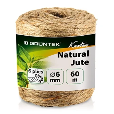 Abbildung von GRÜNTEK Garten Juteschnur 6 mm Dicke, Bindegarn, Gartenschnur, Bastelschnur Kordel Rolle mit 60 m, 100% Jutegarn Naturfarbe, zum Geschenke verpacken, Pflanzen binden, Basteln, Handwerken