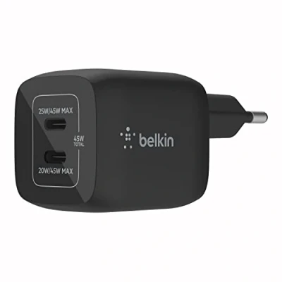 Abbildung von Belkin 45 W USB C Ladegerät mit 2 Ports, Schnellladen Power Delivery 3.0 und GaN Technologie für iPhone 16/15, Plus, Pro, Pro Max, iPad Air, MacBook, Galaxy S24, Ultra, Tab, Pixel, usw.