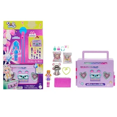 Abbildung von Polly Pocket Puppe und Spielset, Diskoparty Fashion Reveal, Reisespielzeug zum Auspacken mit ca. 7 cm großer Hoodie Buddy Puppe, 16 Zubehörteilen lustigen Wasserüberraschungen, HRD65