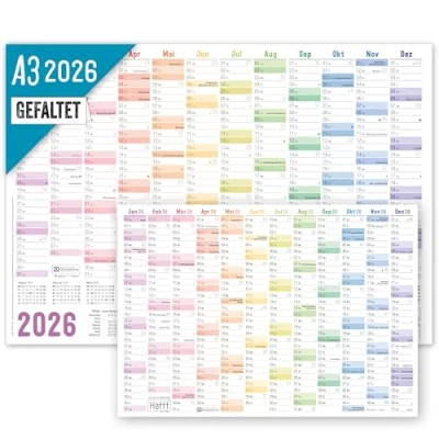 Abbildung von Häfft® Wandkalender 2026 A3 gefalzt (42 x 29,7 cm) &quot;Rainbow&quot; Wandplaner mit Ferien Übersicht und Feiertagen + gratis A4 Kalender nachhaltig &amp; klimafreundlich